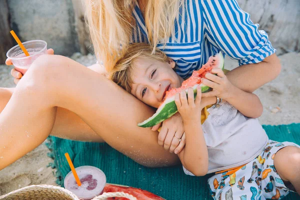 Young Woman Her Cute Little Son Food Eating Watermelon Summer — Stock Photo, Image