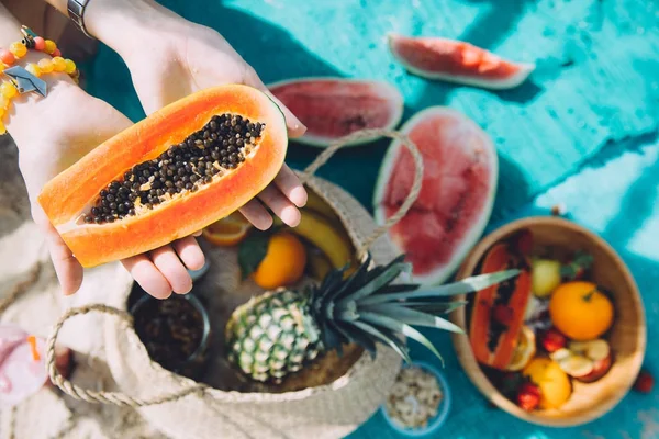 Woman Eating Papaya Watermelon Summer Picnic — Stock Photo, Image