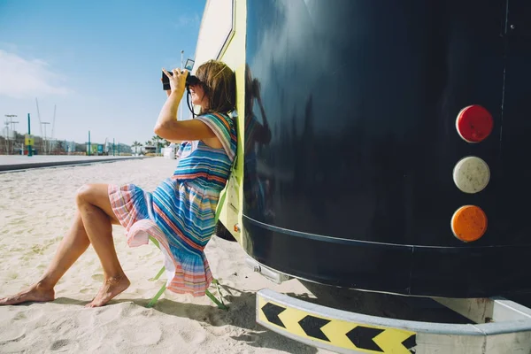 Beautiful Natural Blonde Woman Beach Looking Binoculars Leaning Trailer Royalty Free Stock Photos