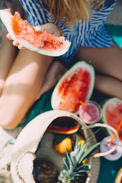 Portrait Young Beautiful Woman Eating Watermelon Summer Picnic Stock Image