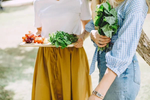 青年妇女与健康食物为夏天野餐室外 — 图库照片