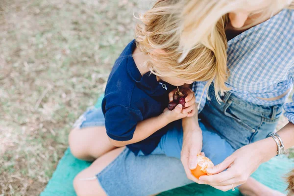 Młoda Kobieta Jej Ładny Mały Syn Relaksujący Letni Piknik Zdrową — Zdjęcie stockowe