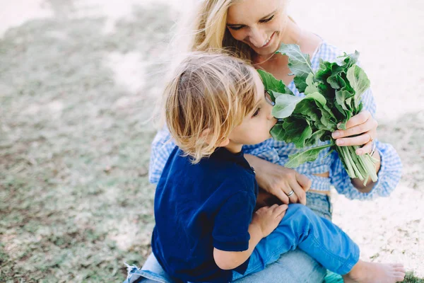 Young Woman Feeding Her Little Son Healthy Food Summer Picnic — Stock Photo, Image
