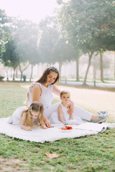 Duas Irmãzinhas Fofas Sua Mãe Comendo Morangos Piquenique Verão Parque — Fotografia de Stock