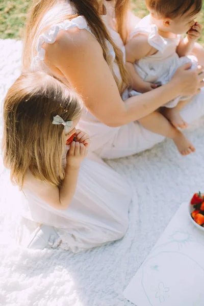 Duas Irmãzinhas Fofas Sua Mãe Comendo Morangos Piquenique Verão Parque — Fotografia de Stock