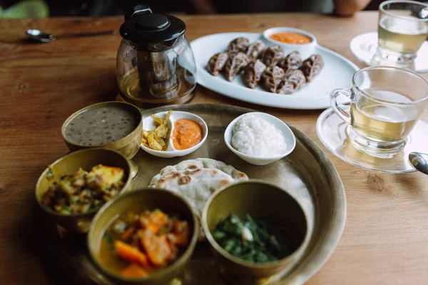 Menu Definido Café Nepalês Com Momo Chá Ervas Fundo — Fotografia de Stock