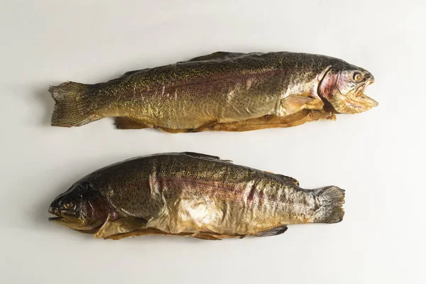 Cold smoked rainbow trout on a white background Stock Photo