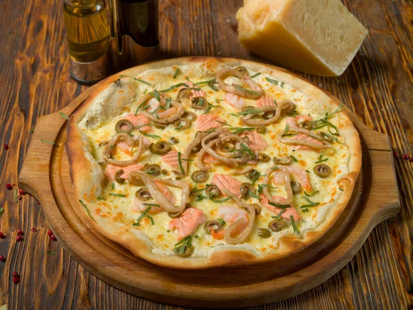 Seafood Pizza Pizza Shrimp Squid Red Fish Herbs Cheese Olives Stock Picture