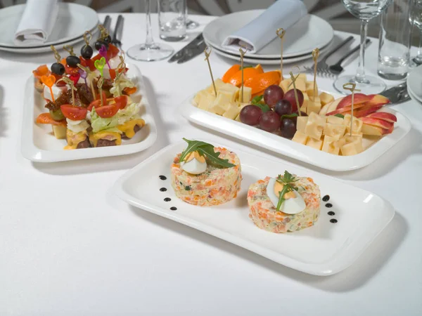 Double Portion Salad Olivier Plate Snack Banquet Menu Buffet Menu — Stock Photo, Image