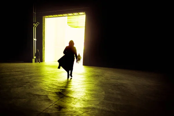 Silhouette of a business woman walking into the illuminated big — Stock Photo, Image