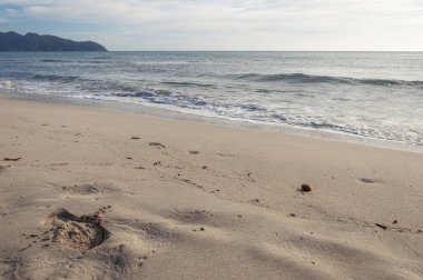 Kışın Akdeniz kıyısında kumsalda bir ayakkabı izinin kalıntılarıyla birlikte. Cala Millor, Mallorca Adası, İspanya