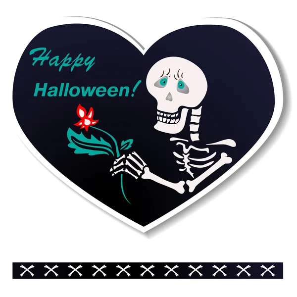 Postal en forma de corazón. Esqueleto desea un feliz Halloween Vector de stock