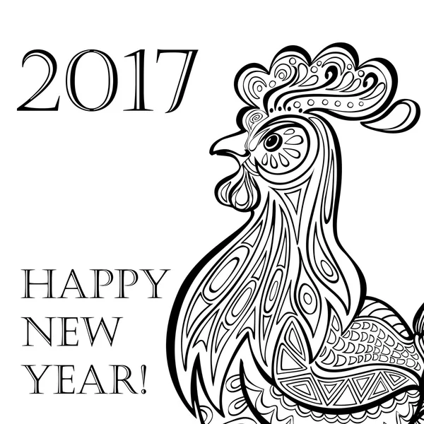 Year of the rooster. Black and white image a in the style zentangl. Coloring for adults. — Stock Vector