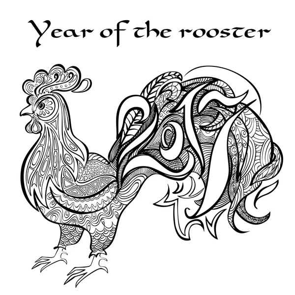 Año del gallo. Imagen en blanco y negro a en el zentangl estilo. Colorear para adultos . Vector De Stock