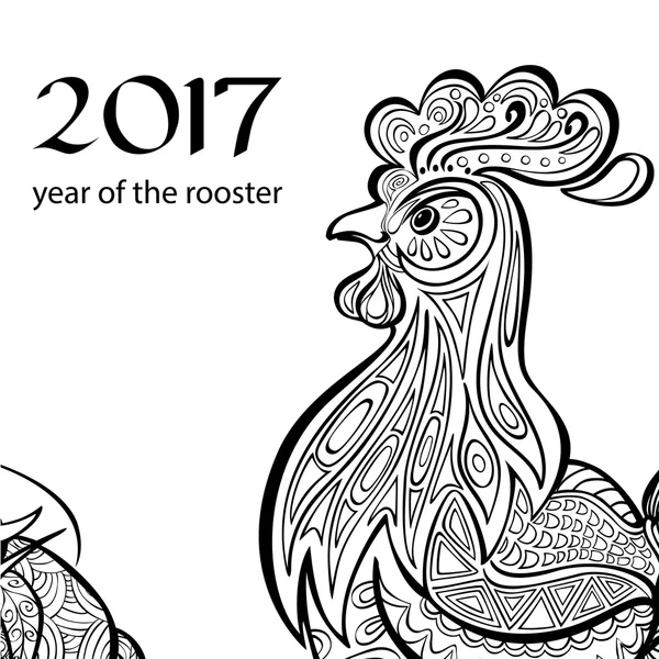 Año del gallo. Imagen en blanco y negro a en el zentangl estilo. Colorear para adultos . Gráficos Vectoriales