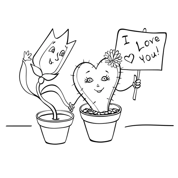 Amantes Tulipán y cactus cogidos de la mano Vectores de stock libres de derechos
