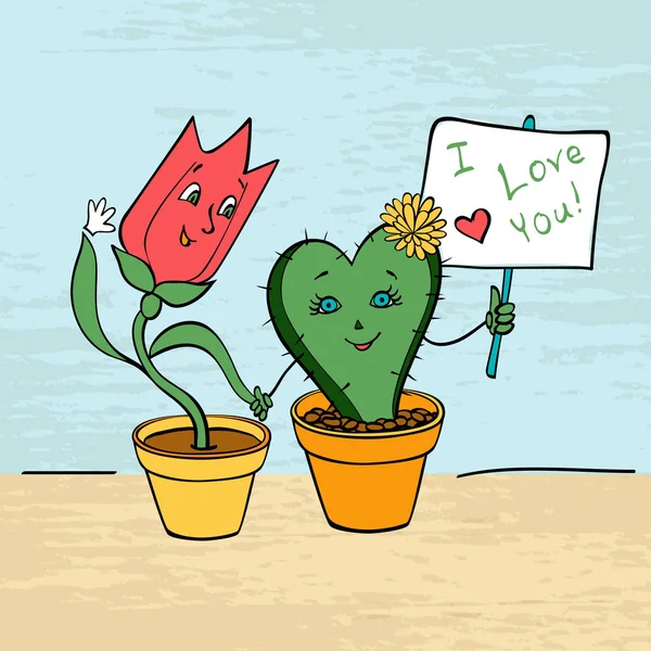 Amantes de las cartas Tulipán y cactus cogidos de la mano Ilustraciones de stock libres de derechos