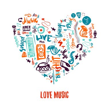 Aşk müziği renkli vektör el kalp şeklinde doodle çizilmiş. Yazı ve öğeleri ile yazdırılabilir konser promosyon için kullanılabilir.