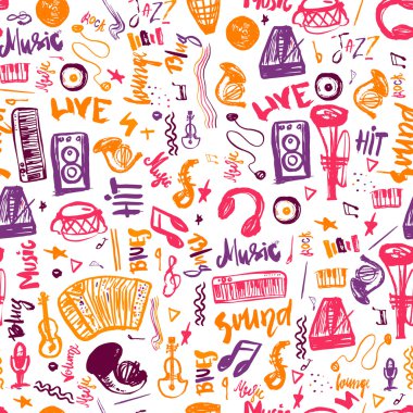 Müzik sembolleri komik el elemens ve harflerle sorunsuz desen çizilmiş.