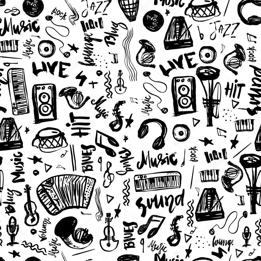 Music symbols funny hand drawn seamless pattern with elemens and lettering.