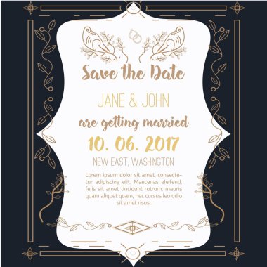 Yazdırılabilir lineer tarzda geometricgold çerçeve ile Tarih kaydedin. yaprak, ağaç ve kuşlar ile tasarım öğesi.