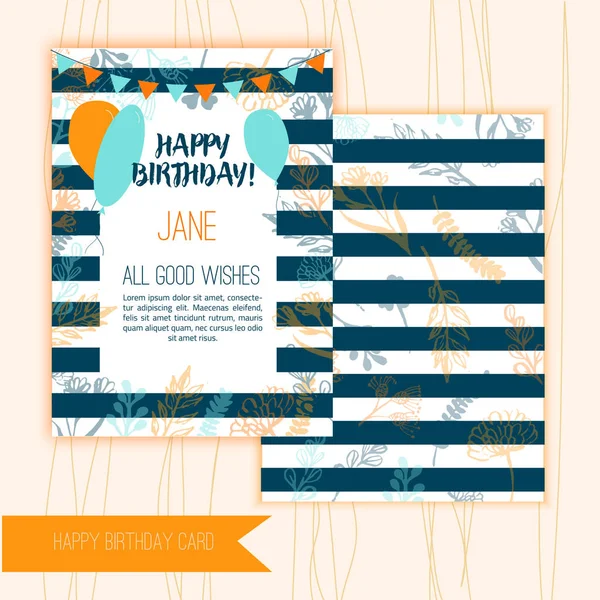 Geburtstagsgrußkarte mit floralen Elementen auf Holzgrund mit festlichen Fahnen und Luftballons. — Stockvektor