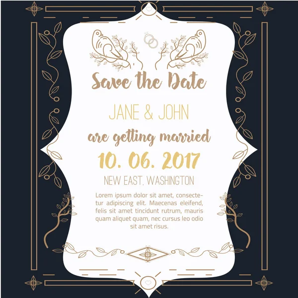 Yazdırılabilir lineer tarzda geometricgold çerçeve ile Tarih kaydedin. yaprak, ağaç ve kuşlar ile tasarım öğesi.