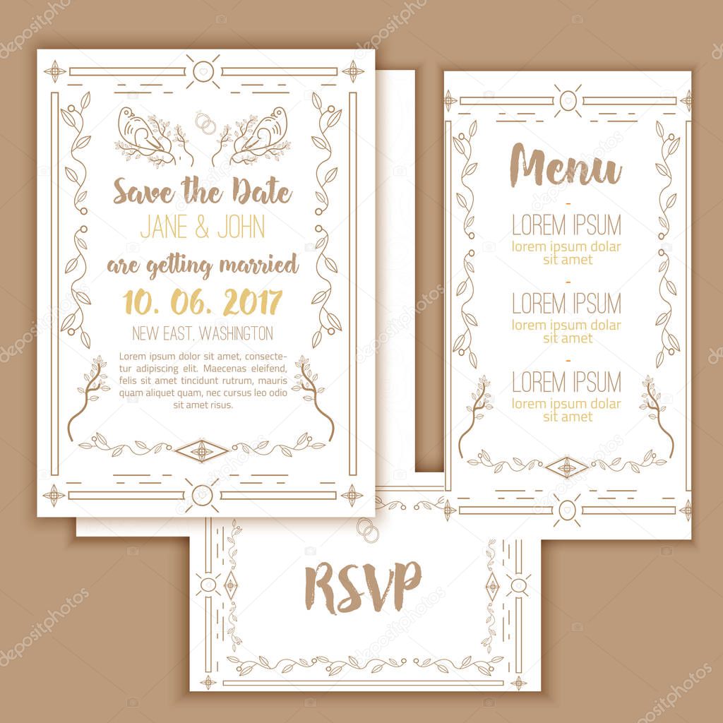 Stampabile salvare la data con montatura in oro geometrico in stile lineare elemento per il disegno con menu e Rsvp carte foglie alberi e uccelli