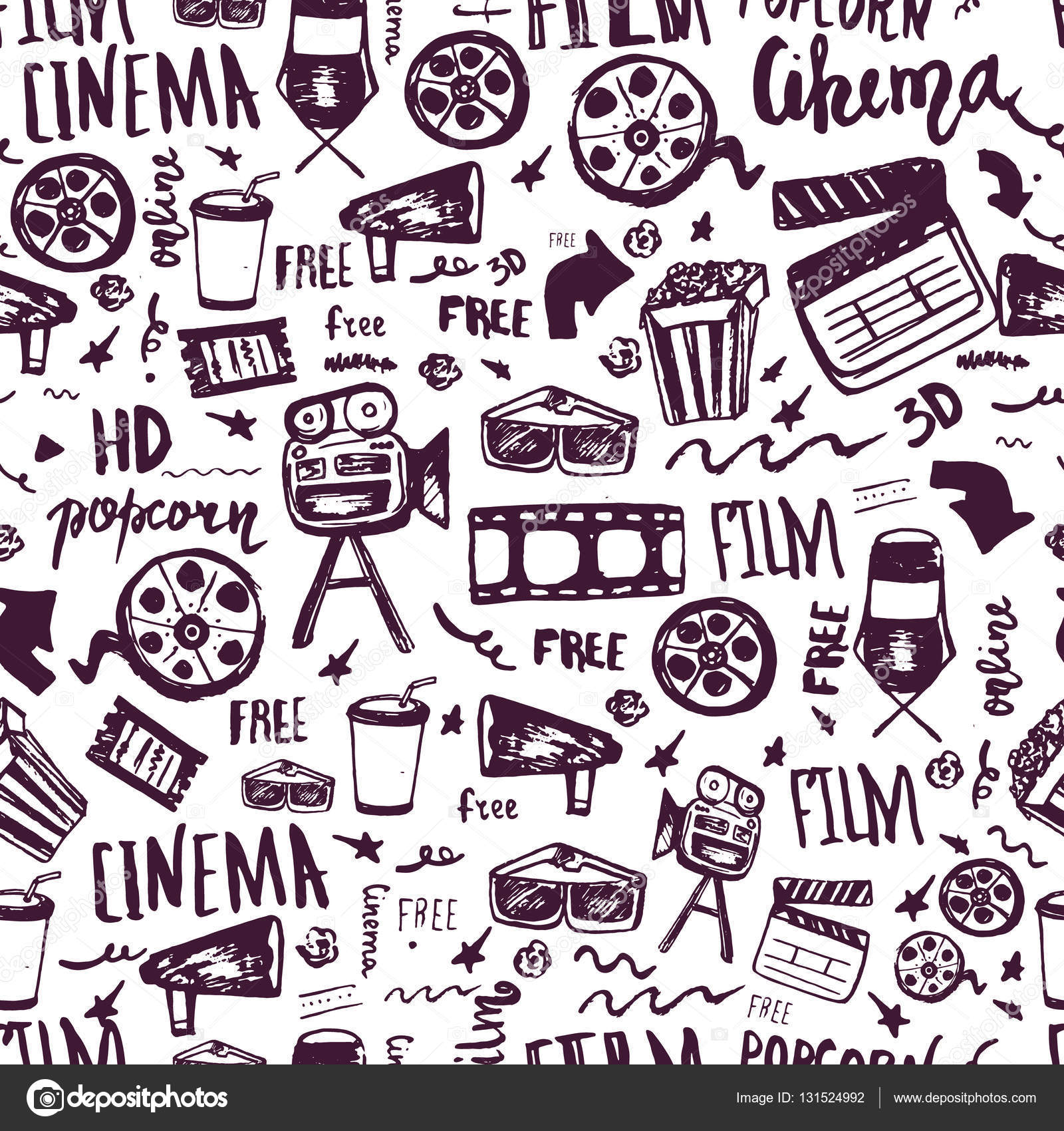 Cinema hand drawn seamless pattern with lettering. Movie making film