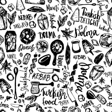 Yemek el yazı ile çizilmiş Dikişsiz desen ve içecek kebap, Dolma, Shakshuka ile. Serbest çizim vektör izole üzerinde beyaz arka plan doodles