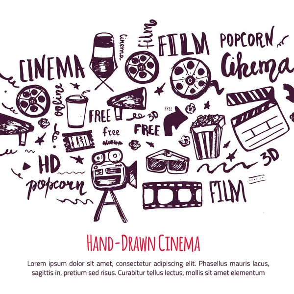 Cinema hand drawn set with lettering. Movie making banner. Film symbols collection. Cinematography design items: camera, film tape, popcorn, chair, stars. — Stock Vector