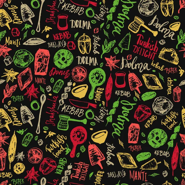 Turkish food hand drawn seamless pattern with lettering and beverages with Kebab, Dolma, Shakshuka. Freehand vector doodles isolated on white background