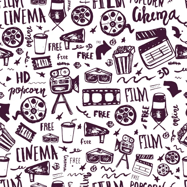 Kino ręcznie rysowane jednolity wzór z napisem. Tworzenia filmu symbole kolekcji filmów. Elementy konstrukcji kinematografii: aparat, taśma filmowa, popcorn, krzesło, gwiazdy. — Wektor stockowy