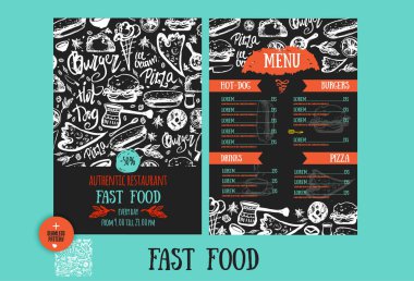 Fast food menü tasarım şablonu ile çizilmiş vektör çizim. Restoran Menü hamburger, pizza, sosisli sandviç ile seamless modeli ile kapak.