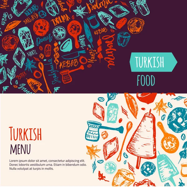 Bannière turque dessinée à la main avec lettrage et boissons avec Kebab, Dolma, Shakshuka. Seringues vectorielles à main levée isolées sur fond sombre — Image vectorielle