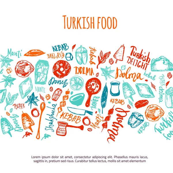 Mão comida turca sorteado conjunto com letras e bebidas com Kebab, Dolma, Shakshuka. Doodles vetoriais à mão livre isolados no fundo branco — Vetor de Stock