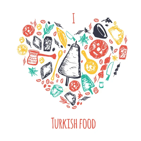 Cinta makanan Turki Bentuk hati digambar spanduk dengan huruf dan minuman dengan Kebab, Dolma, Shakshuka. Corat-coret vektor bebas diisolasi pada latar belakang putih - Stok Vektor