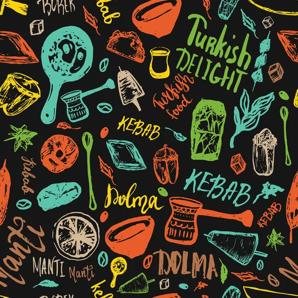 Tangan makanan Turki menggambar pola mulus dengan huruf dan minuman dengan Kebab, Dolma, Shakshuka. Corat-coret vektor bebas diisolasi pada latar belakang gelap - Stok Vektor