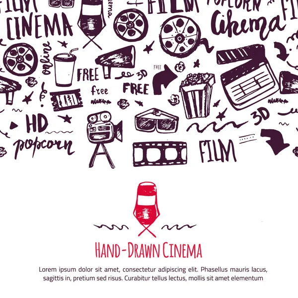 Filmfestival-Plakat mit nahtlosem Muster auf Hintergrund mit Attributen der Filmindustrie. Designartikel für die Kinematografie: Kamera, Filmband, Popcorn, Stuhl, Stars. — Stockvektor
