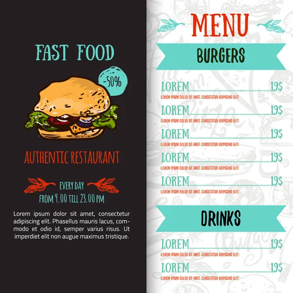 Plantilla de diseño de menú de comida rápida con ilustración vectorial dibujada a mano. Cubierta del menú del restaurante con hamburguesa, pizza, hot dog con patrón sin costuras . — Vector de stock