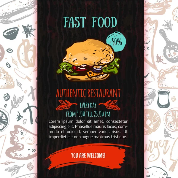 Fast food menu design template with hand-drawn vector illustration. Cover of restaurant menu with burger, pizza, hot dog with seamless pattern. — Stock Vector