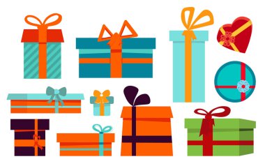 Hediye kutuları kümesi üzerinde beyaz izole kare, kalp ve daire şekli kutuları ile karikatür. Tatil promosyon için afiş kullanılabilir.