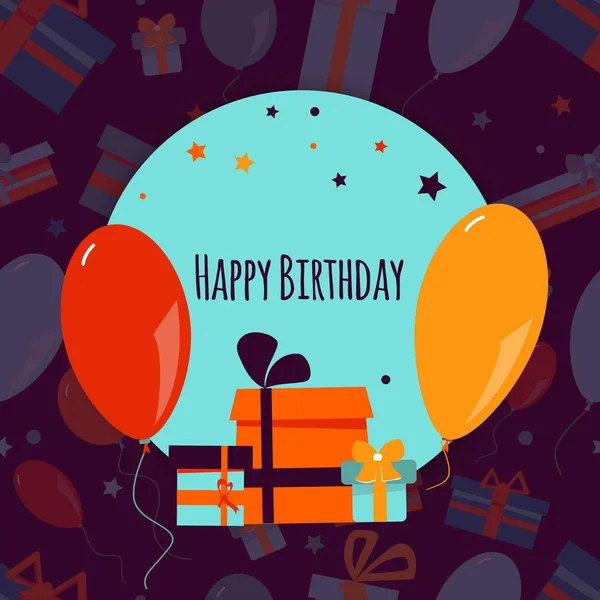 Happy Birthday achtergrond met de kleurrijke geschenkdozen en ballonnen. Vectorillustratie — Stockvector
