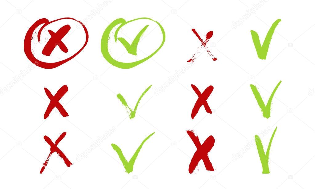 Red cross and green tick grunge set for web sites. Right and Wrong signs isolated on white background vector hand drawn ink illustration. Yes and No symbols.