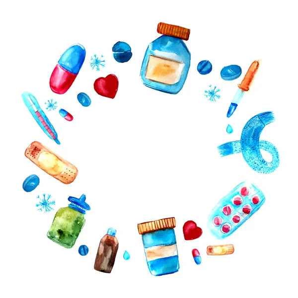 Akvarelu medicína tablety a prášky, kapsle kruh rám. Ruky nakreslené objekty farmaceutické rám. Kulatý okraj — Stockový vektor