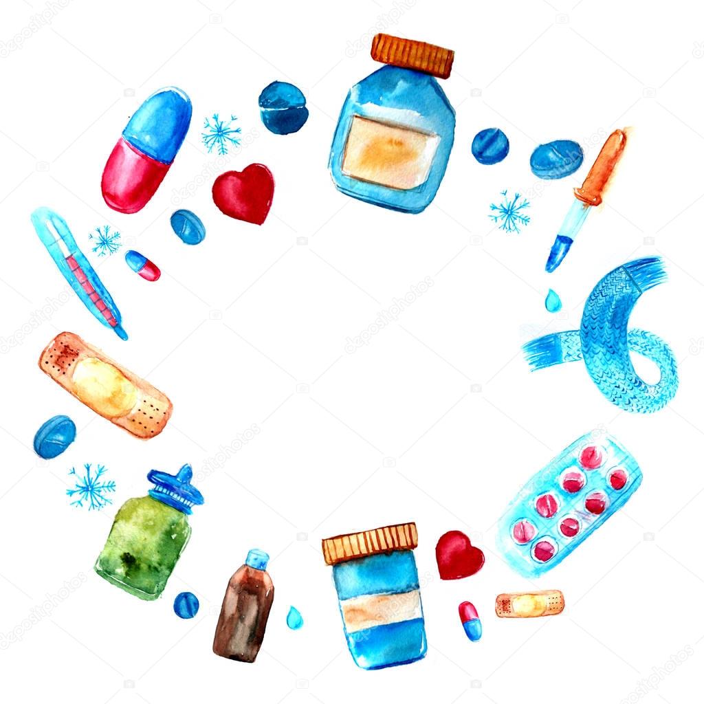 Watercolor medicine tablets and pills, capsules frame. Hand drawn pharmaceutical objects frame. Round border