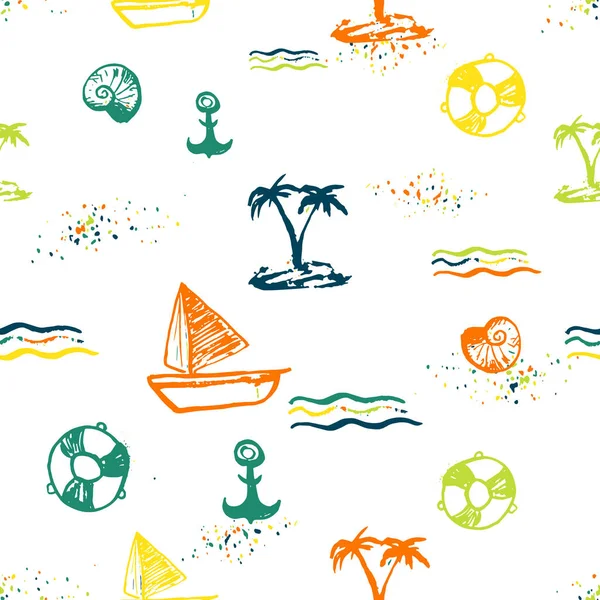 Yaz deniz tatil parlak Dikişsiz desen tasarım. Deniz kabuklarını, deniz dalgaları, tekneler, palmiye ağaçları ve kum ile vektör arka plan. El çekilmiş kaba fırça serbest stil. Giysiler için mükemmel — Stok Vektör