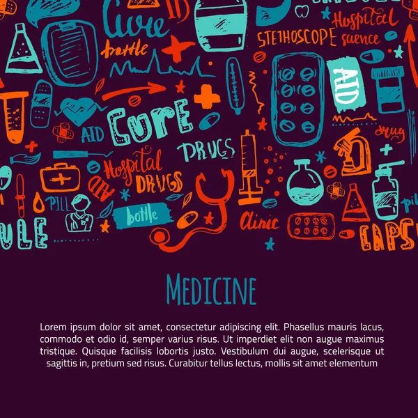 Banner web de medicina con patrón dibujado a mano. Ilustración vectorial se puede utilizar para el paquete, envoltura, encabezados del sitio . — Archivo Imágenes Vectoriales