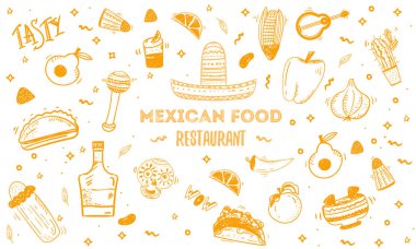 Meksika yemeği kroki menü şablonu. Beyaz arka plan üzerinde poster için vektör vintageillustration. yer metin ile