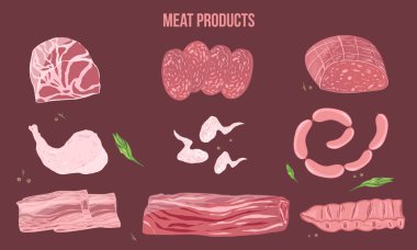 Et ürünleri düz stil çizimde karikatür. Afiş, promosyon malzemeleri için otlar ile koyu arka plan üzerinde kroki.